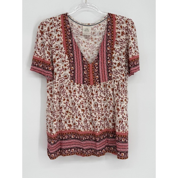 Knox Rose Tops - Knox Rose Womens Floral Babydoll Top Burgundy Pink V-Neck Short Sleeve Medium